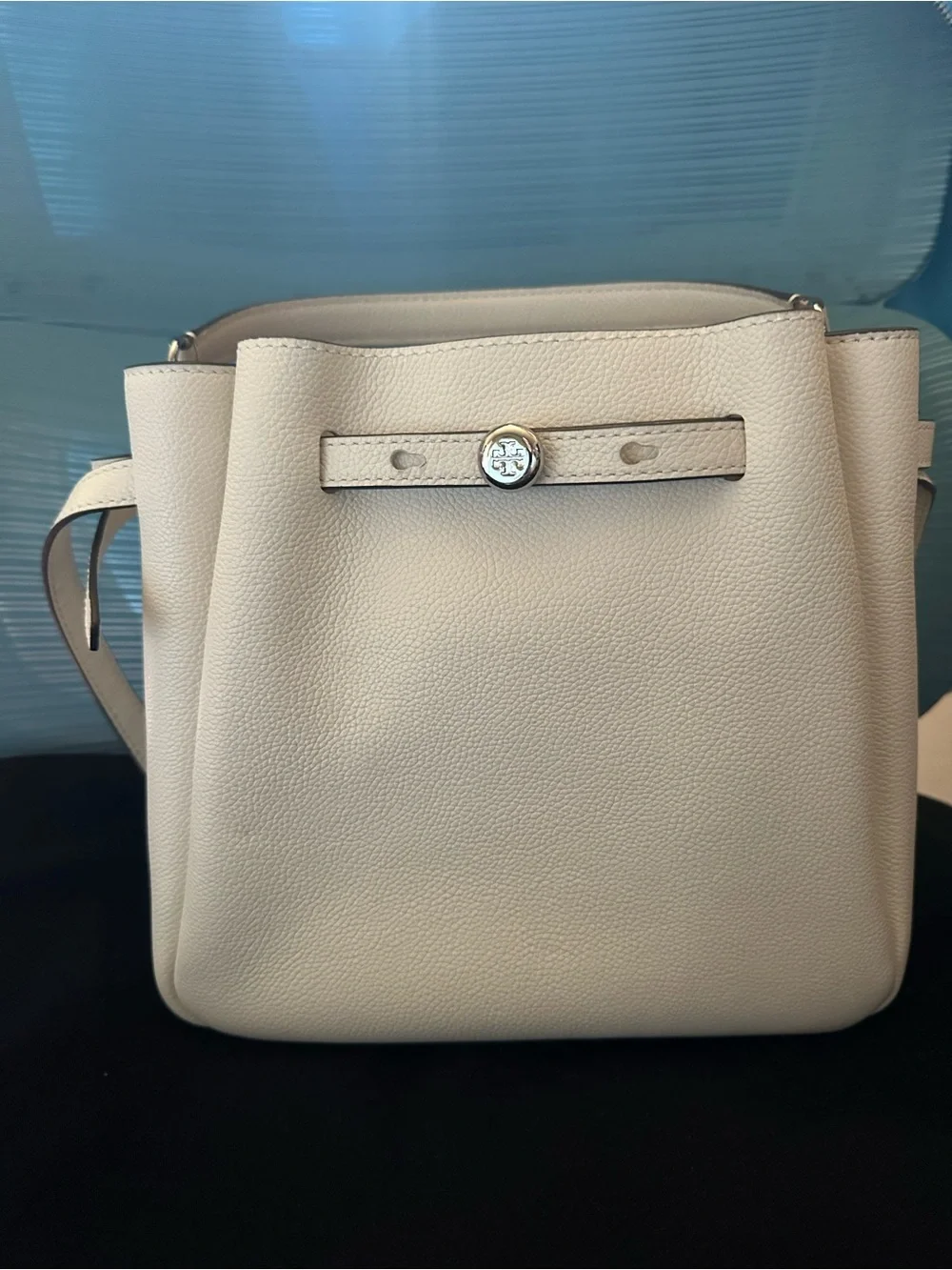 Tory Burch Ivory Pebbled Leather Crossbody with Silver Logo